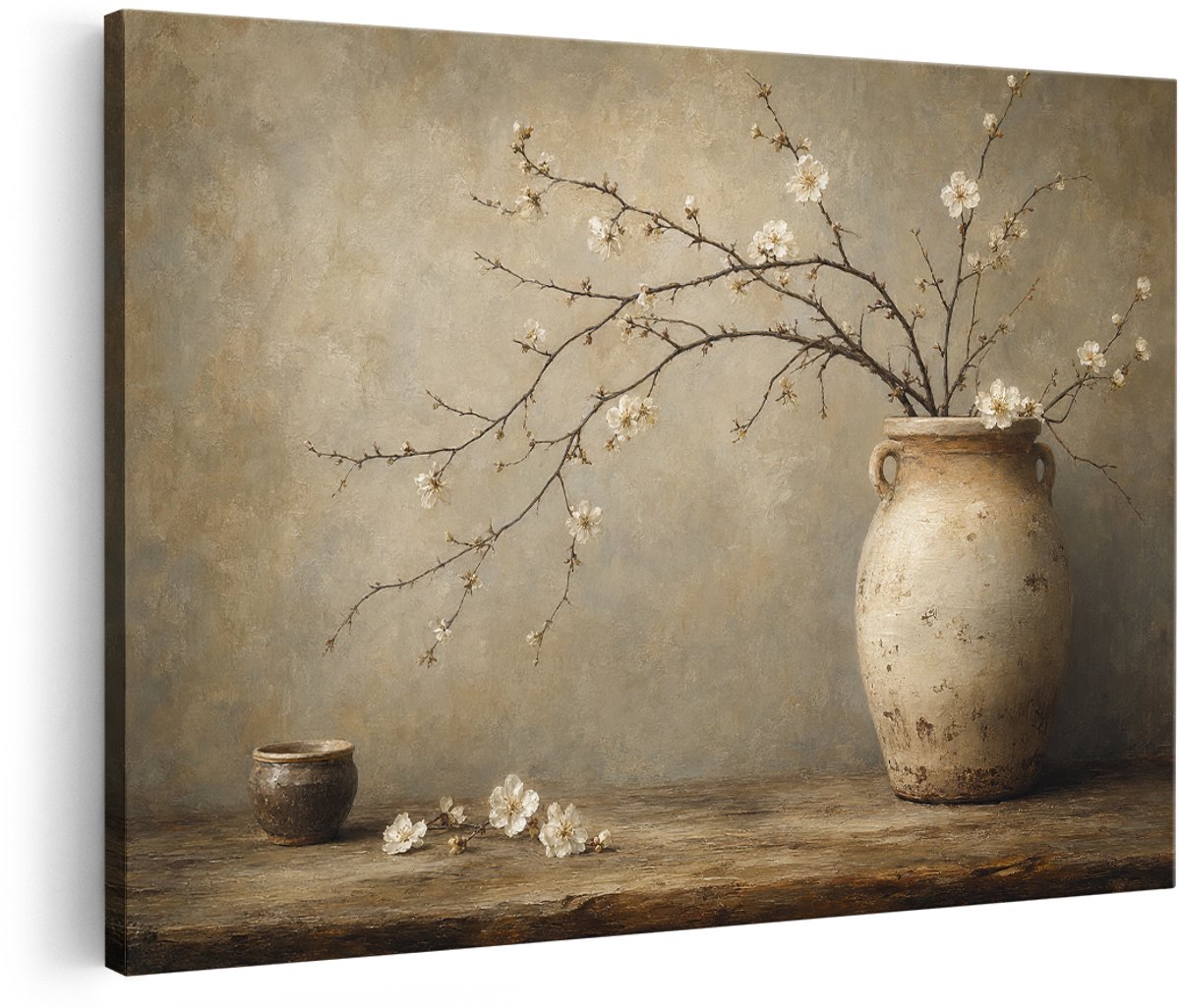 Artaza Canvas Schilderij Bloemenstilleven Met Aardewerken Vaas - Minimalistisch - 180x120 cm - Groot - Wanddecoratie Woonkamer - Schilderijen - Muurdecoratie