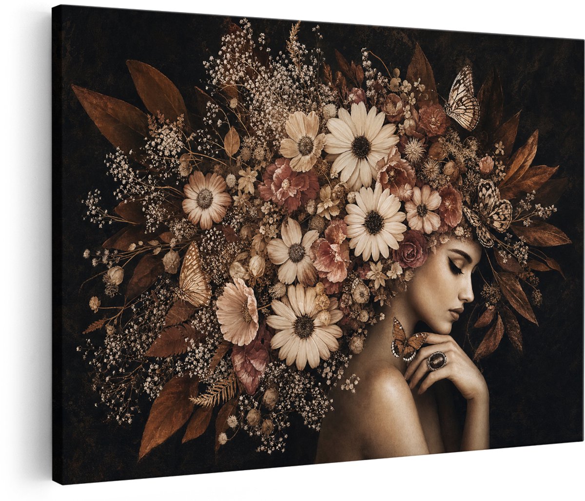 Artaza Canvas Schilderij Bloemenportret met Vlinders - Kunst in Multikleur - 180x120 cm - Groot - Wanddecoratie Woonkamer - Schilderijen - Muurdecoratie