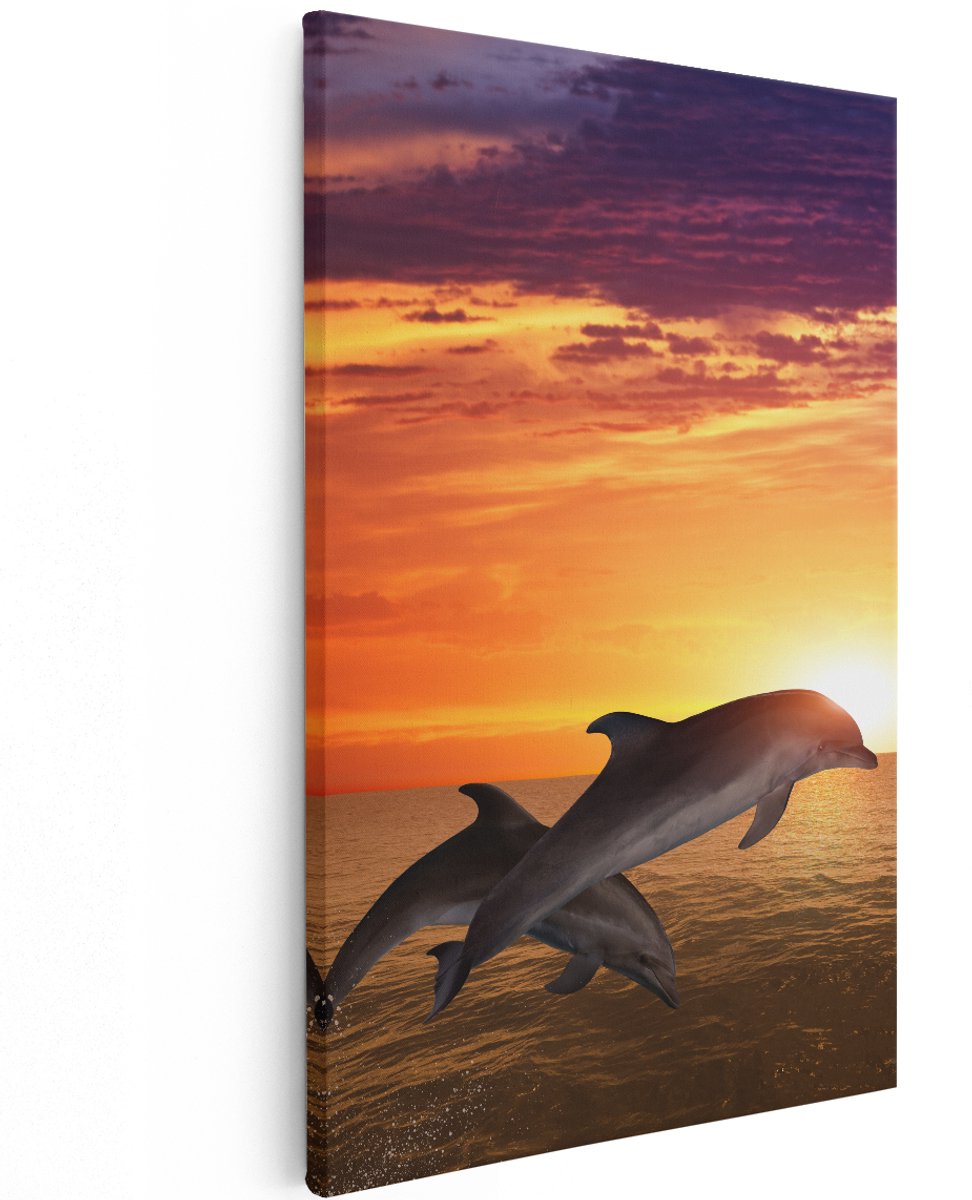 Artaza Canvas Schilderij Twee Dolfijnen bij de Zonsondergang - 120x180 cm - Groot - Wanddecoratie Woonkamer - Schilderijen - Muurdecoratie
