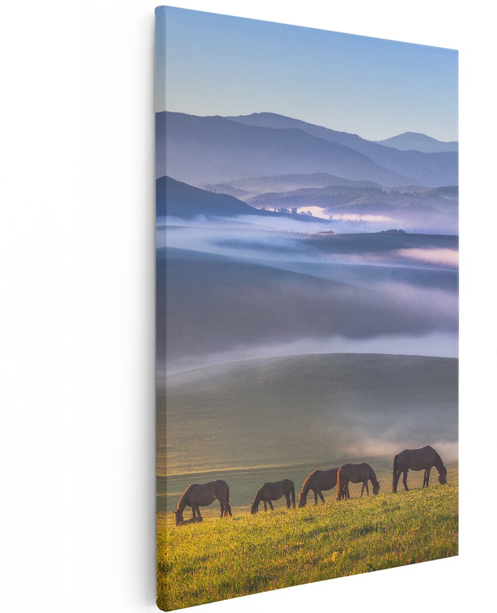 Artaza Canvas Schilderij Kudde Wilde Paarden In De Wei Bij Heuvels - 120x180 cm - Groot - Wanddecoratie Woonkamer - Schilderijen - Muurdecoratie