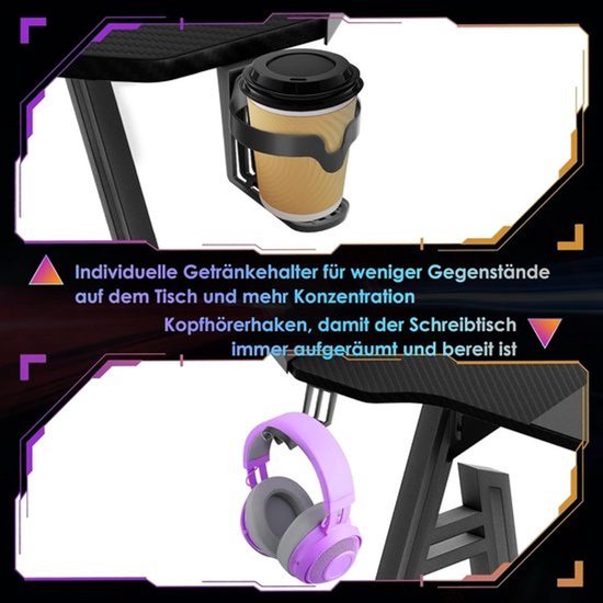 Gaming Tafel 140 x 60 cm - A-vormig Frame - Koolstofvezel Blad - RGB LED Verlichting - met Bekerhouder en Hoofdtelefoonhaak — afbeelding 2
