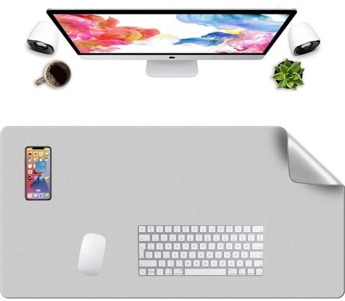 Bureaulegger - Muismat bureau - Bureau organiseren - Dubbelzijdig kunstleer - 900 x 450 mm - Lichtgrijs