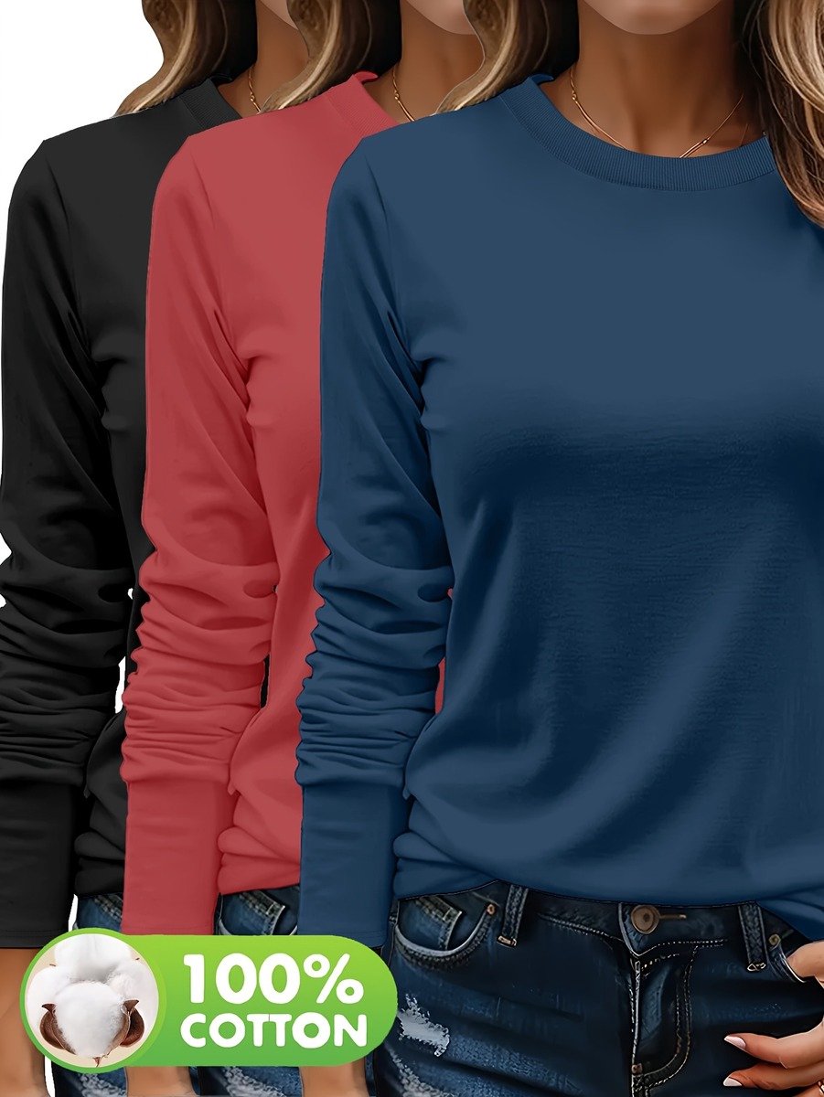 Currero Longsleeve Dames Oversized Lange Mouwen Shirt Roundneck Vrouwen Kleding T-Shirt + Baksteenrood + Zwart