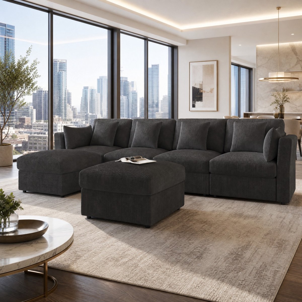 REDOM - U-bank - modulair en U-vormig - verstelbare armleuningen - met hocker en 6 kussens - Design - woonkamer - corduroy - Grijs - 290 x 159,5 x 89 cm