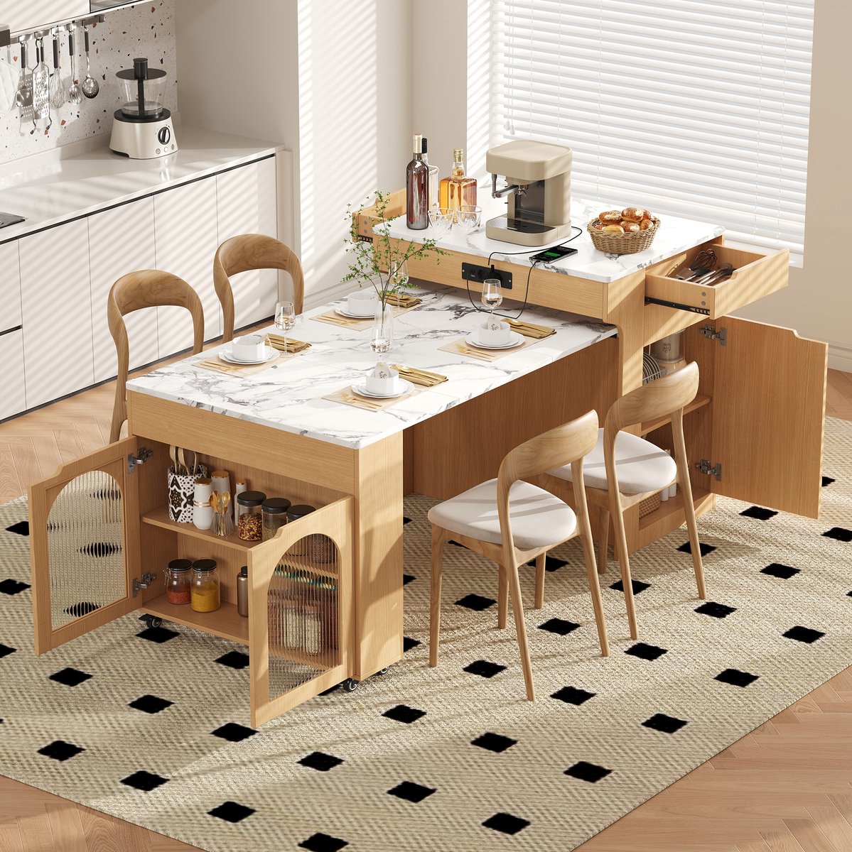 REDOM - Eettafel - Uitschuifbaar tafelblad - Met opbergruimte en stopcontacten - Modern - Keuken en eetkamer - MDF en glas - Naturel - 55-153 x 80 x 93 cm