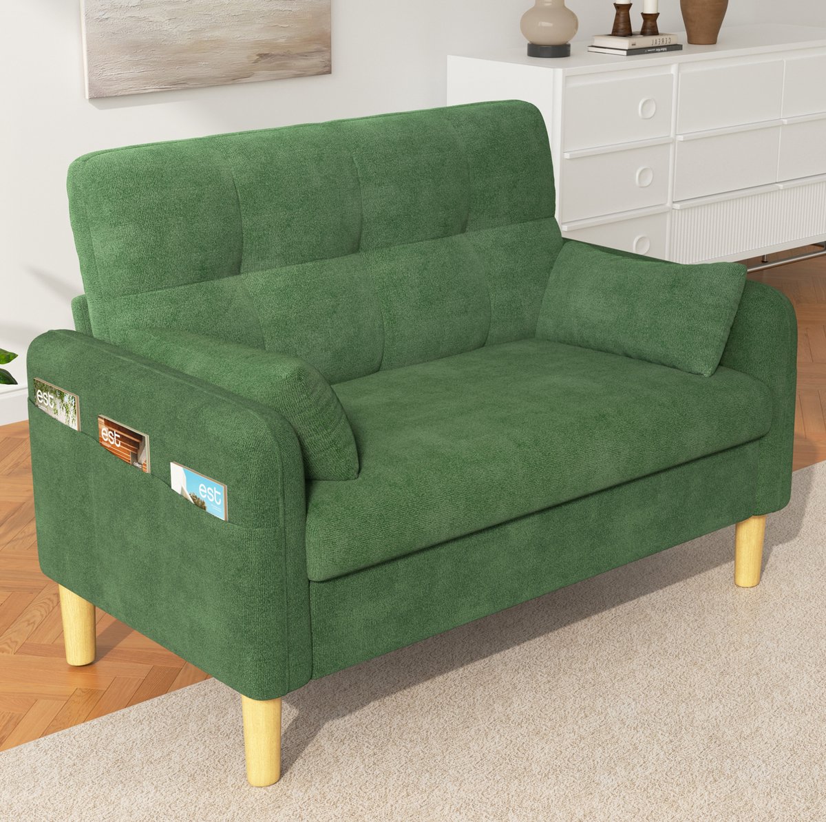 REDOM - Bank - 2-zits - Hoge rugleuning - Opbergtas - Moderne stijl - Woonkamer - Chenille - Groen - 119 x 78 x 85 cm