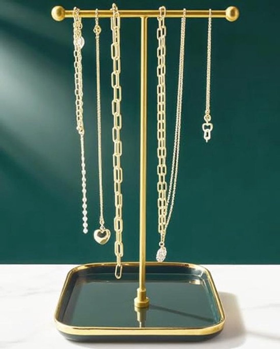 Minimalistische Sieraden Organizer - Keramische Basis, 30 cm Hoog, Alternatieve Display voor Kettingen, Armbanden en Ringen - Elegante Groene Styling