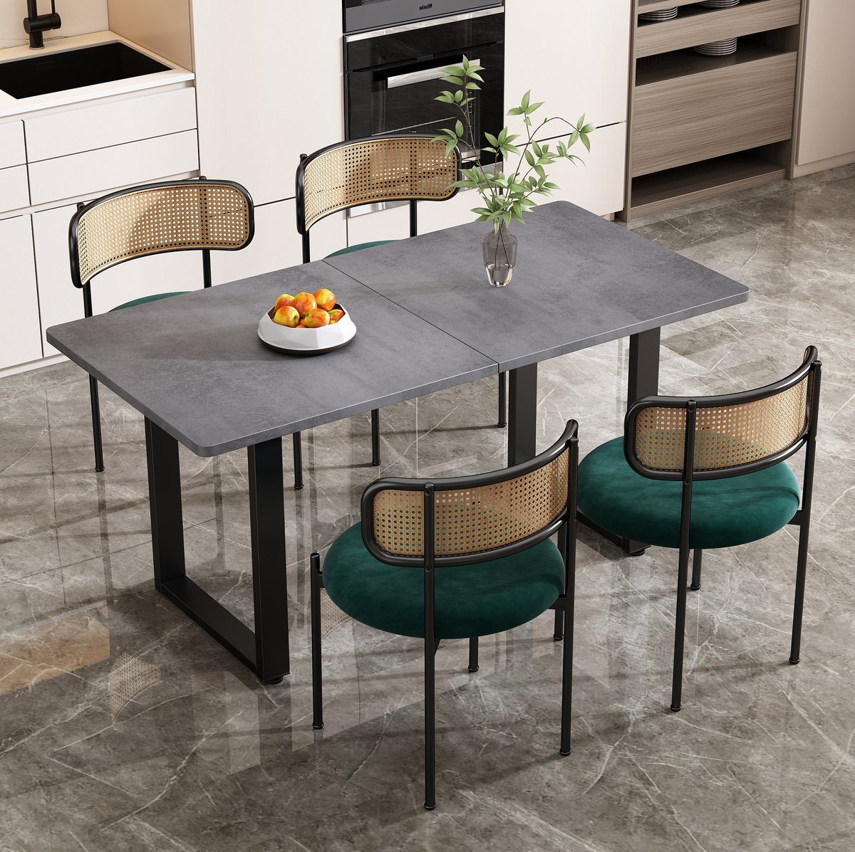 Wishdor Eetkamerset - 5-delig met 4 stoelen en rechthoekige tafel - Rotan rugleuning en metalen poten - Industrieel modern - Eetkamer - Grijs groen zwart - 140 x 70 x 75 cm