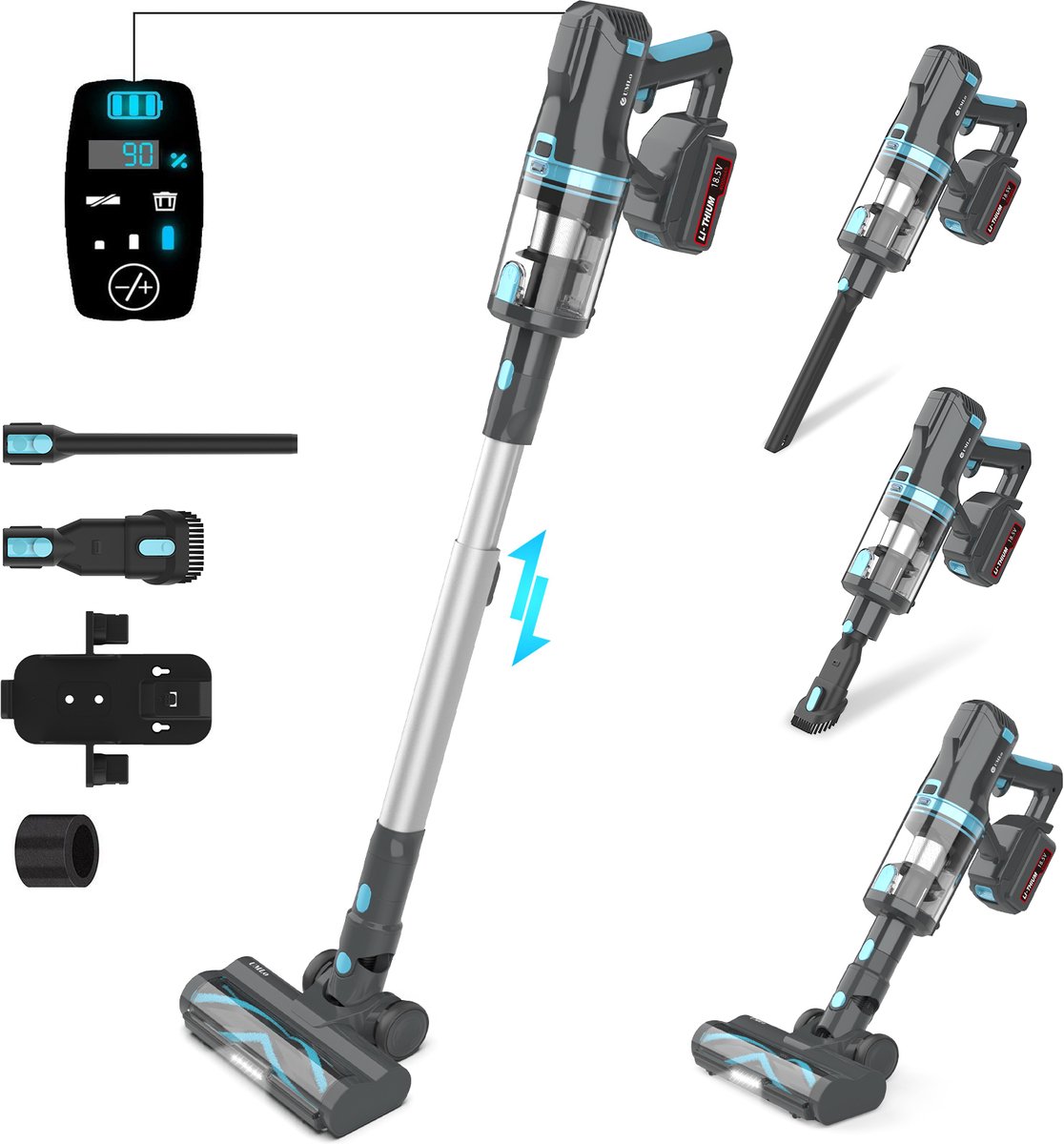 Draadloze Steelstofzuiger, Snoerloze Stofzuiger, Handstofzuiger 2-in-1, 300 W, 30 kPa, 4000 mAh, LED-verlichting, Blauw-Grijs, HEPA-filter, Steelstofzuiger met Accu, voor Vloeren, Tapijt, Meubels en Auto