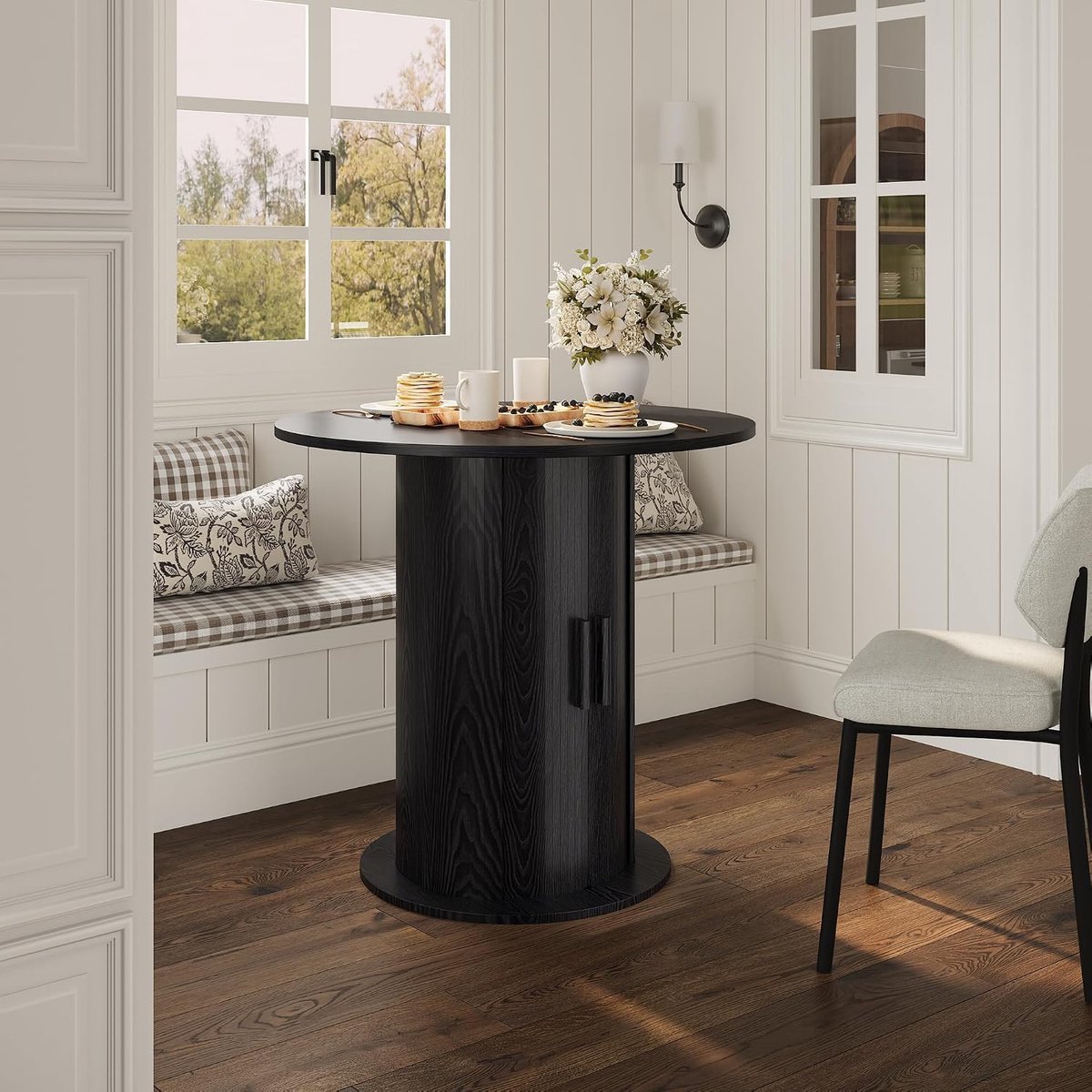 Ronde eettafel voor 2-4 personen – Onderstel met verborgen opbergruimte – Ruimtebesparende eettafel – 80×80×75 cm – Zwart