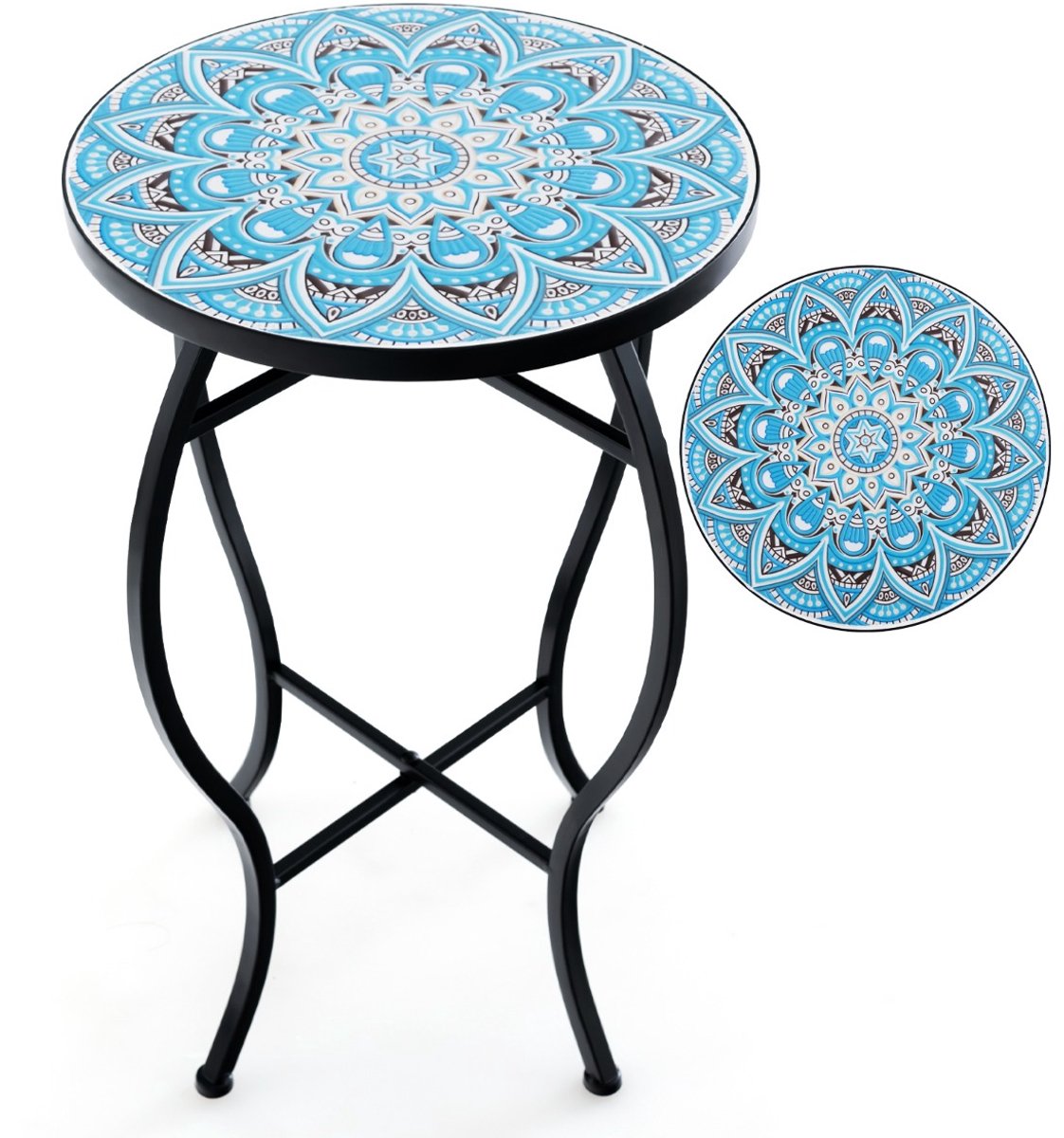SureDeal® - Mozaïek Bijzettafel Rond 35x55 cm - Metaal & Keramiek - Blauw/Zwart - Buiten Tafel & Plantenstandaard