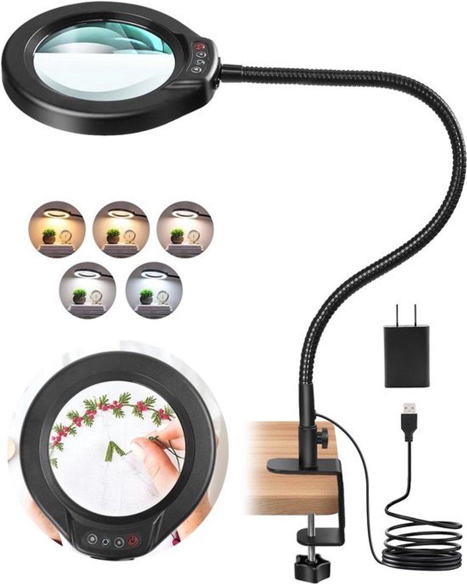 Vergrootglas met Licht - Werklamp Klem - Precisiewerk Hobby - 10x Vergroting Glaslens - 5 Inch Spiegel - Zwart