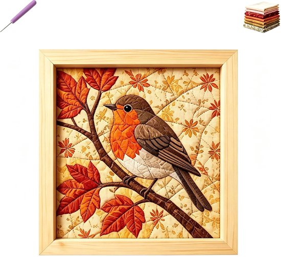 DIY Patchwork Set - Fabric Art Kit - Stoffen Patchwork Knutselset - zonder naaien - Creatief & Ontspannend - DIY Handwerkset - voor Volwassenen en Beginners en Handwerkliefhebbers - 20x20cm - Stijl A:Roodborstje