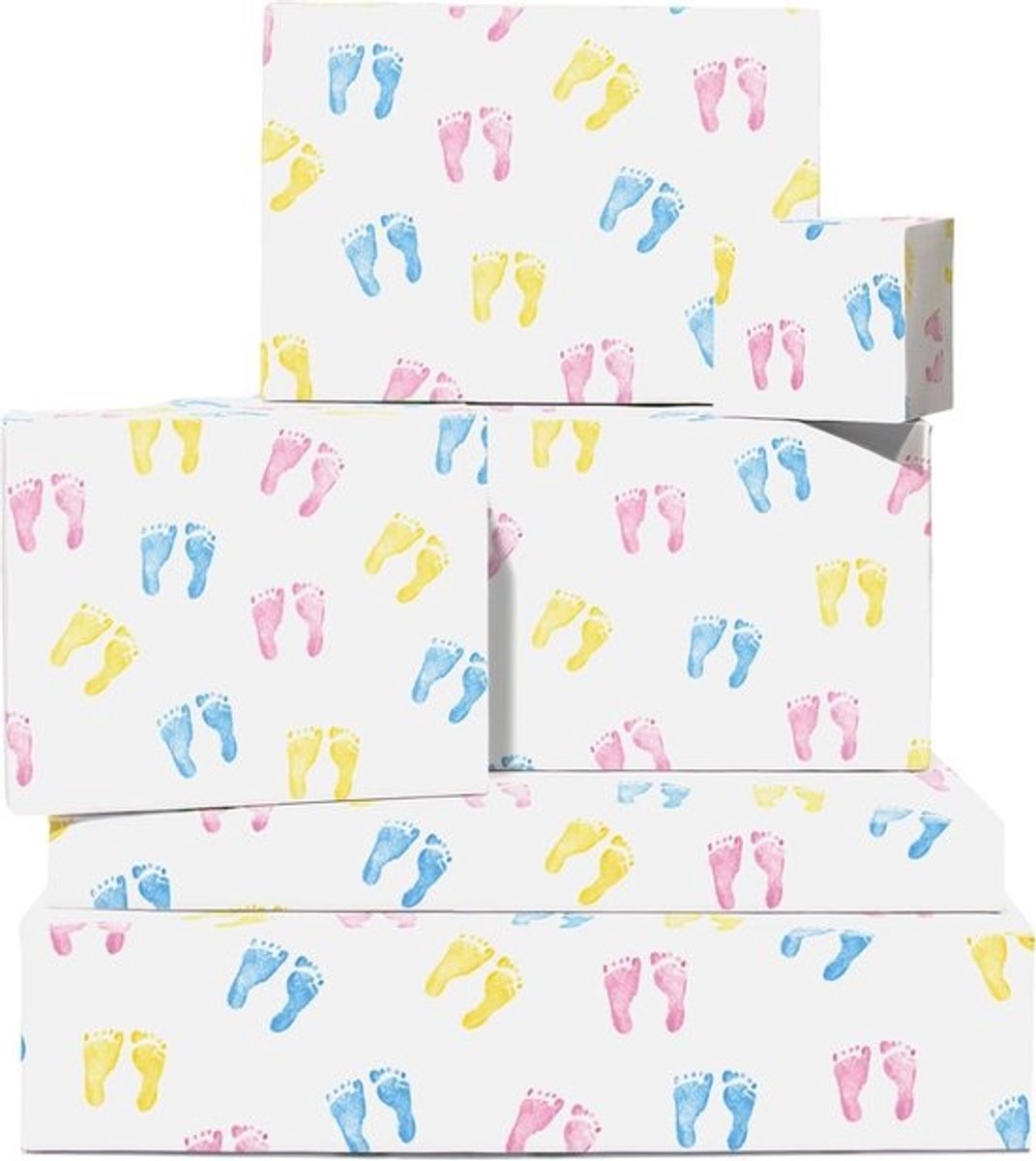 6 Vellen Baby Inpakpapier Set - Roze, Blauw & Geel Cadeaupapier met Babyvoetjes - Recyclebaar