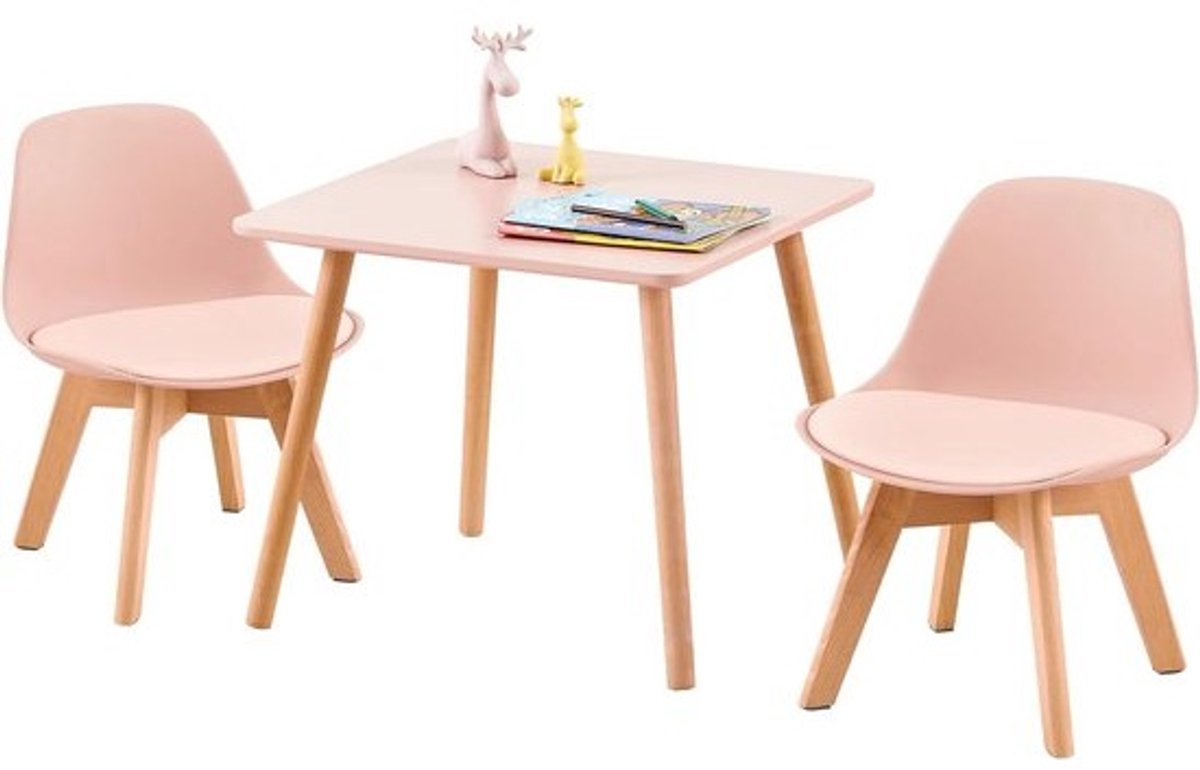 Kindertafel met 2 Stoelen Houten Poten en Gemakkelijk Schoon te Maken Zitting