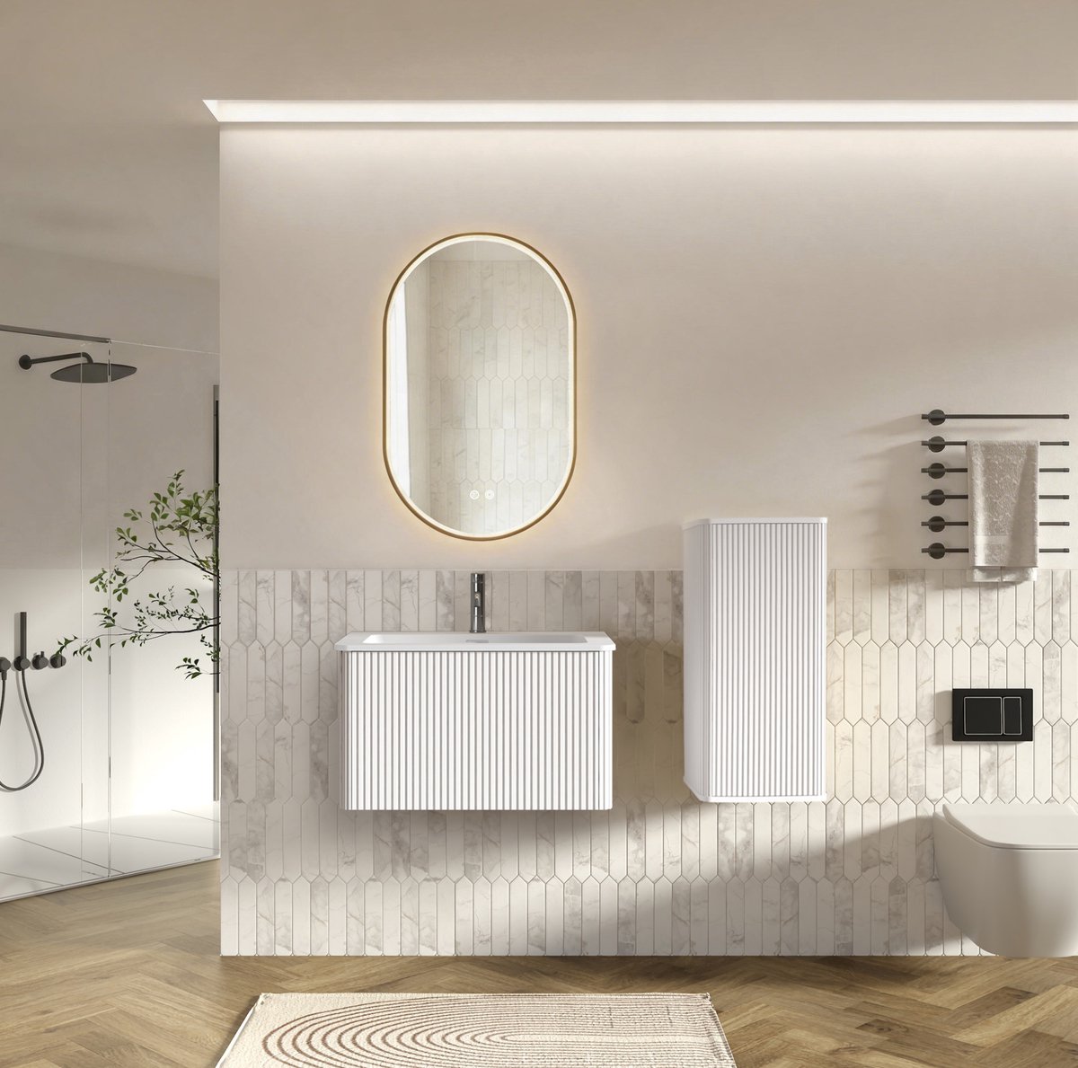 OKWISH Badkamermeubel Set - Wandhangend Met Led Spiegel En Zijkast - Voor Kleine Badkamers - Wit MDF - 80 cm