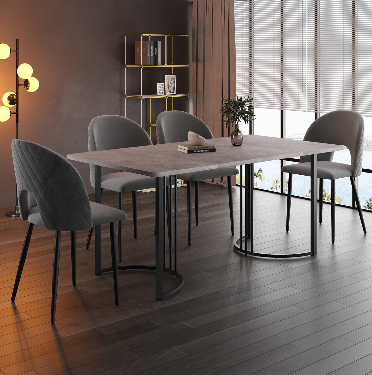 Wishdor Set tafel en stoelen - 4 stoelen verstelbare poten - Modern design eetkamer keuken - Grijs metaal en bewerkt hout - Voor dagelijks eten en werken - 140 x 80 x 75 cm
