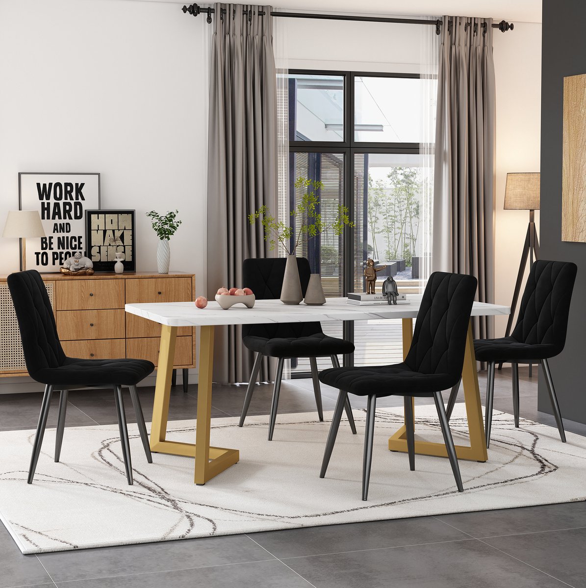 Wishdor Set tafel en stoelen - 4 stoelen - Rechthoekige eettafel en fluwelen stoelen - Modern - Eetkamer woonkamer kantoor - Hout metaal - Zwart wit goud - 117 x 68 x 75 cm