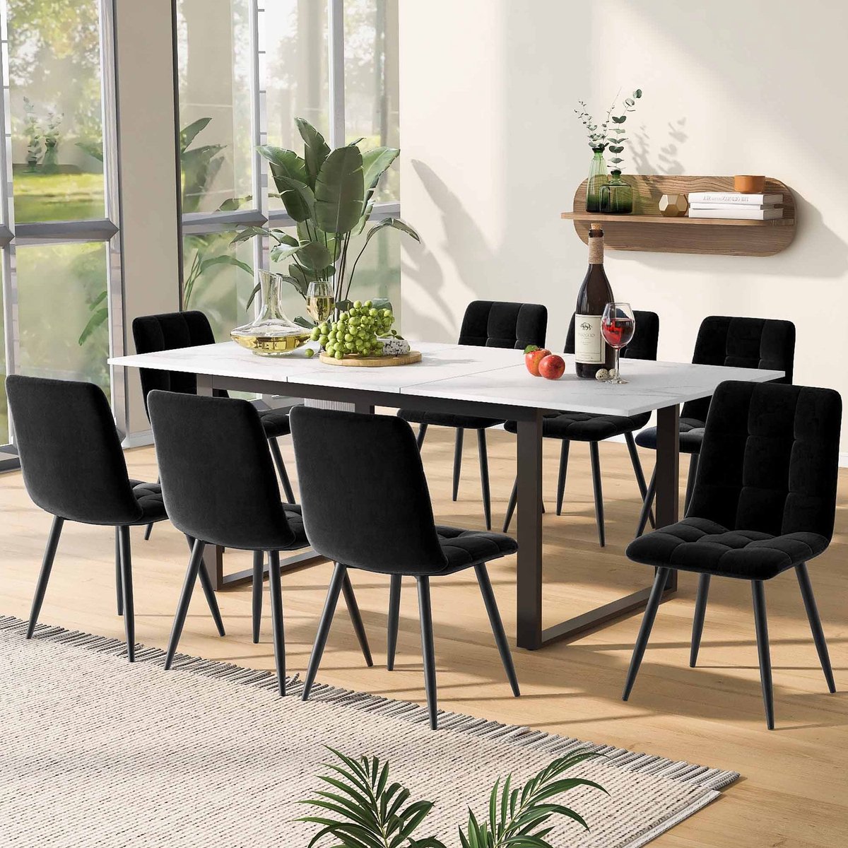 Wishdor Eettafel set met 8 stoelen - Uitschuifbare tafel - Zachte bekleding en rugleuning - Modern - Eetkamer keuken studeerruimte - MDF en metaal - Wit zwart - 140/180 x 80 x 75 cm