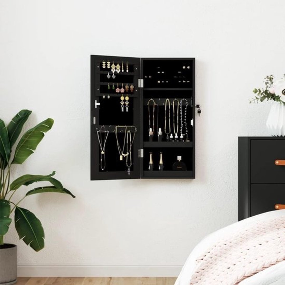 Juwelenkast met spiegel - Opberger sieraden - Muurmontage - Discreet en elegant - 30 x 8.5 x 67 cm - Zwart