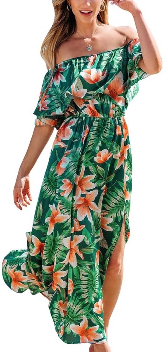 Zomerjurk - Maxi jurk - Strand en feest - A-lijn pasvorm - Off shoulder - Tropische print