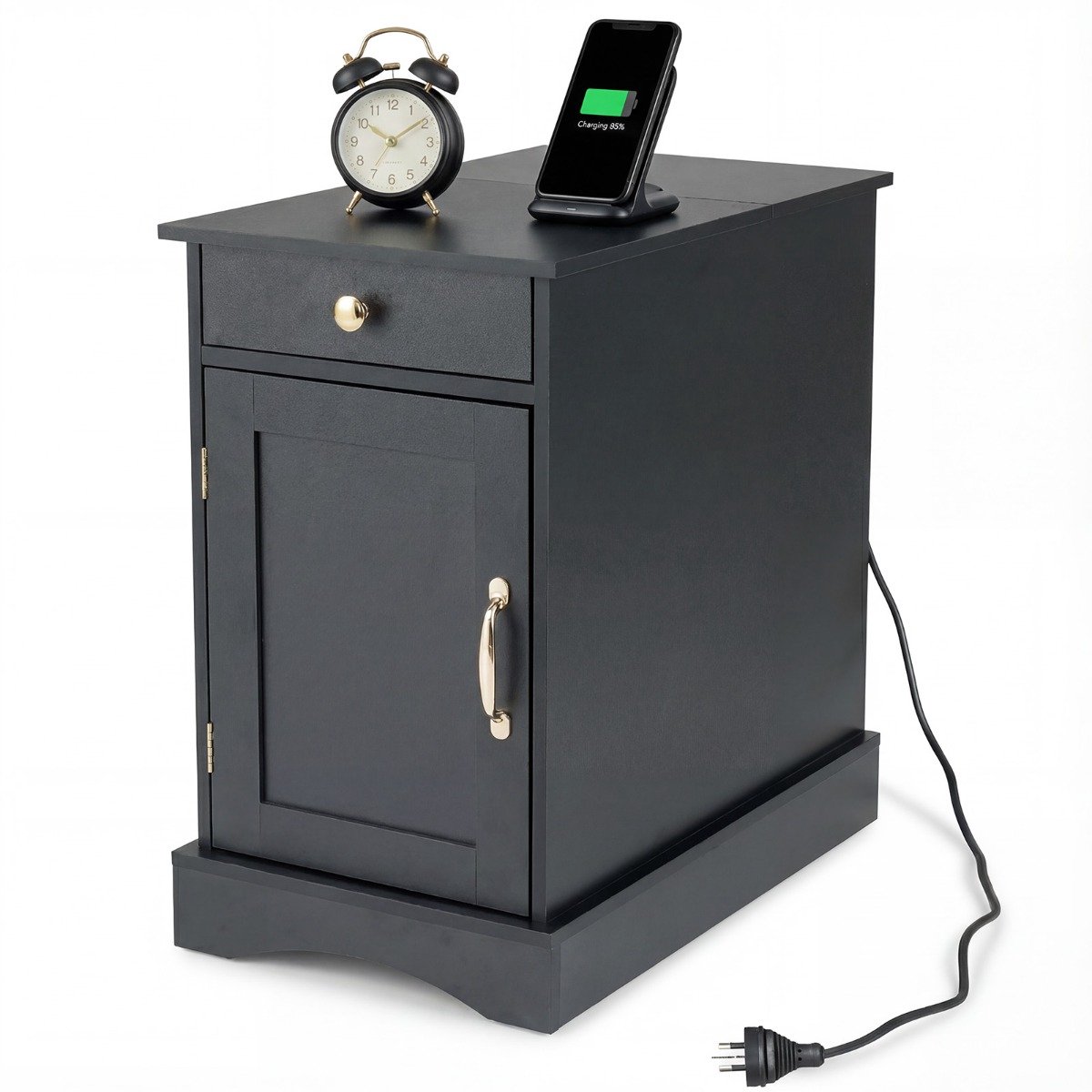 SureDeal® - Bijzettafel - Nachtkastje - Oplaadstation - Verstelbare Plank Houten - 60x35x62 cm - Zwart