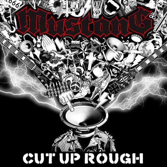 Albumhoes met de titel "Mustang - Cut Up Rough" in rode letters, gitaren, luidspreker en diverse zwart-wit afbeeldingen van schedels, dieren en symbolen.