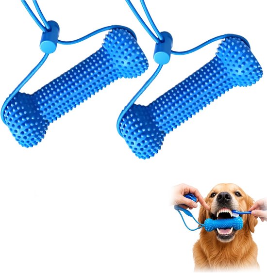 Twee blauwe, botvormige kauwspeeltjes met noppen. Rechtsonder een close-up van een golden retriever die het speeltje vasthoudt.