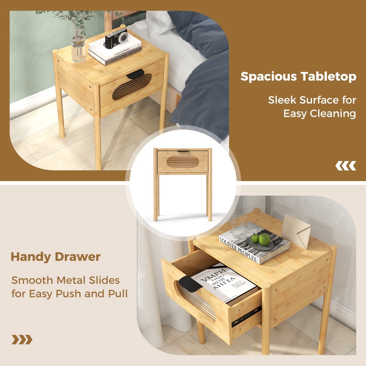 SureDeal® - Nachtkastje - Bamboe Nachttje Bijzettafeltje - Lade Gehard Glas - 40x40x50,5 cm - Naturel