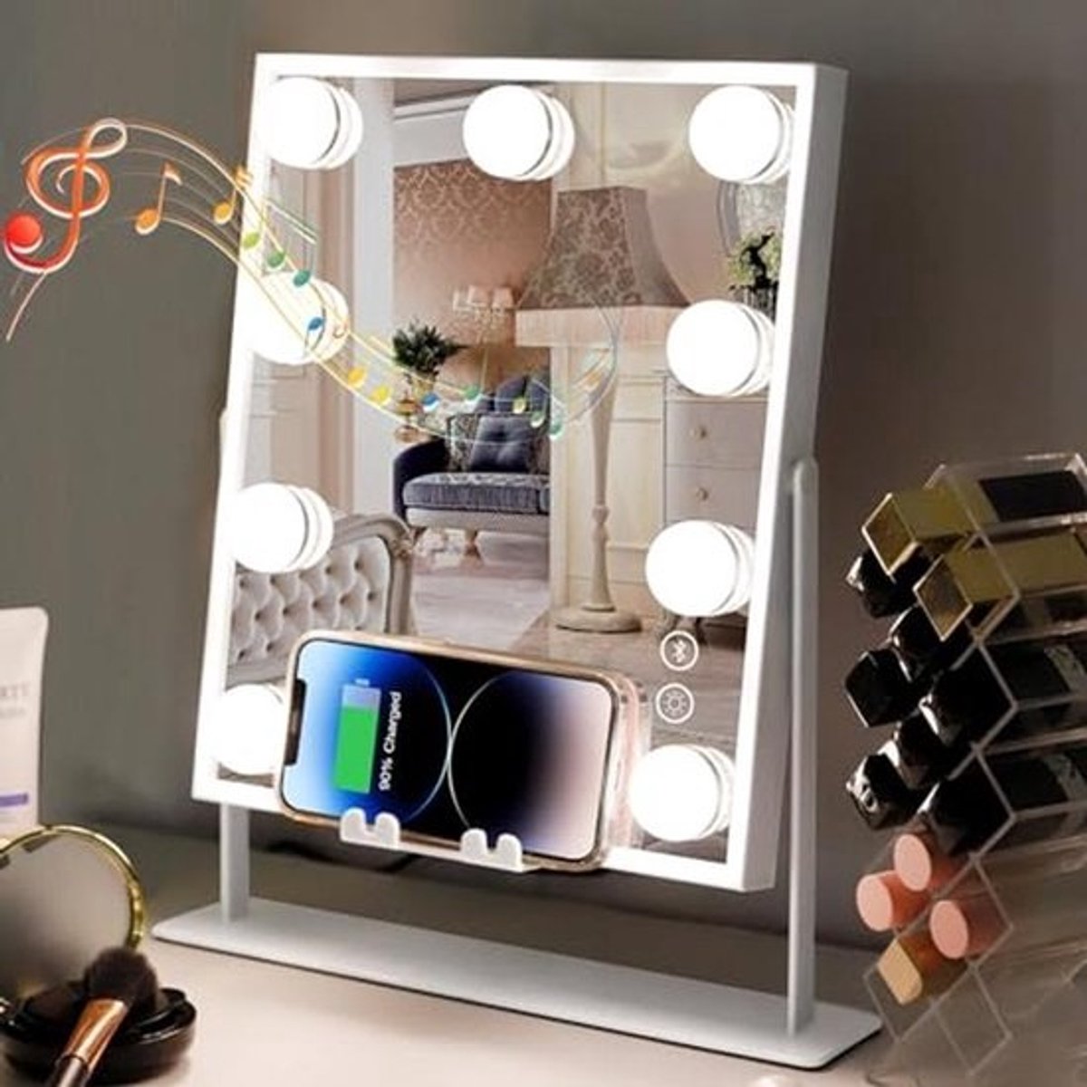 Hollywood Make-upspiegel met Verlichting en Bluetooth - Draadloos Opladen, Touch Bediening, 3 Kleurverlichtingsmodi