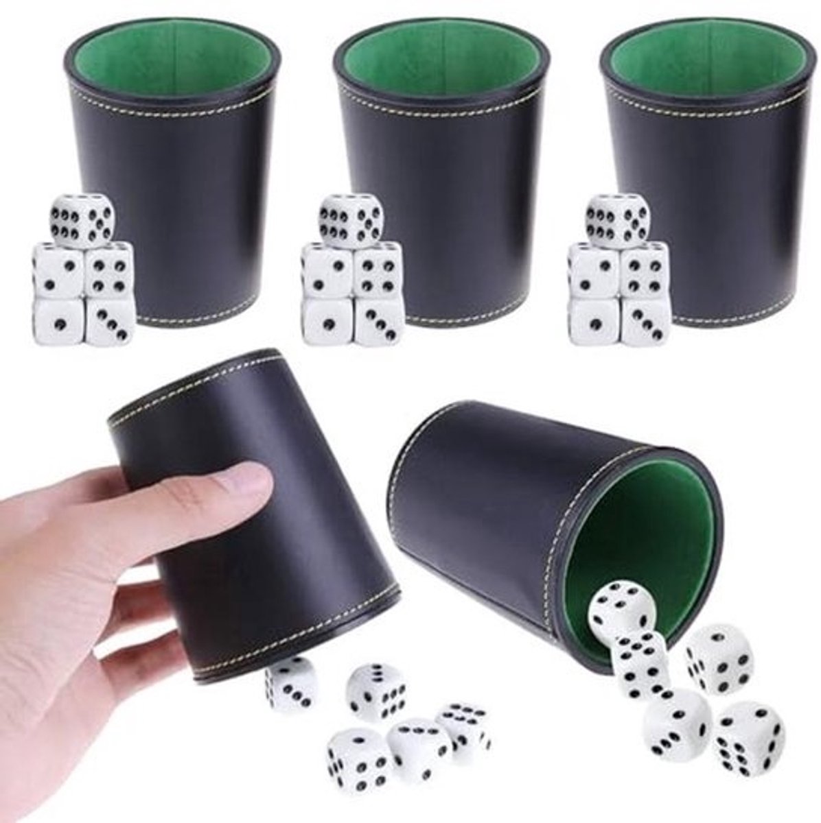 Set van 5 leren dobbelbekers met 25 dobbelstenen voor reisspellen en bordspellen