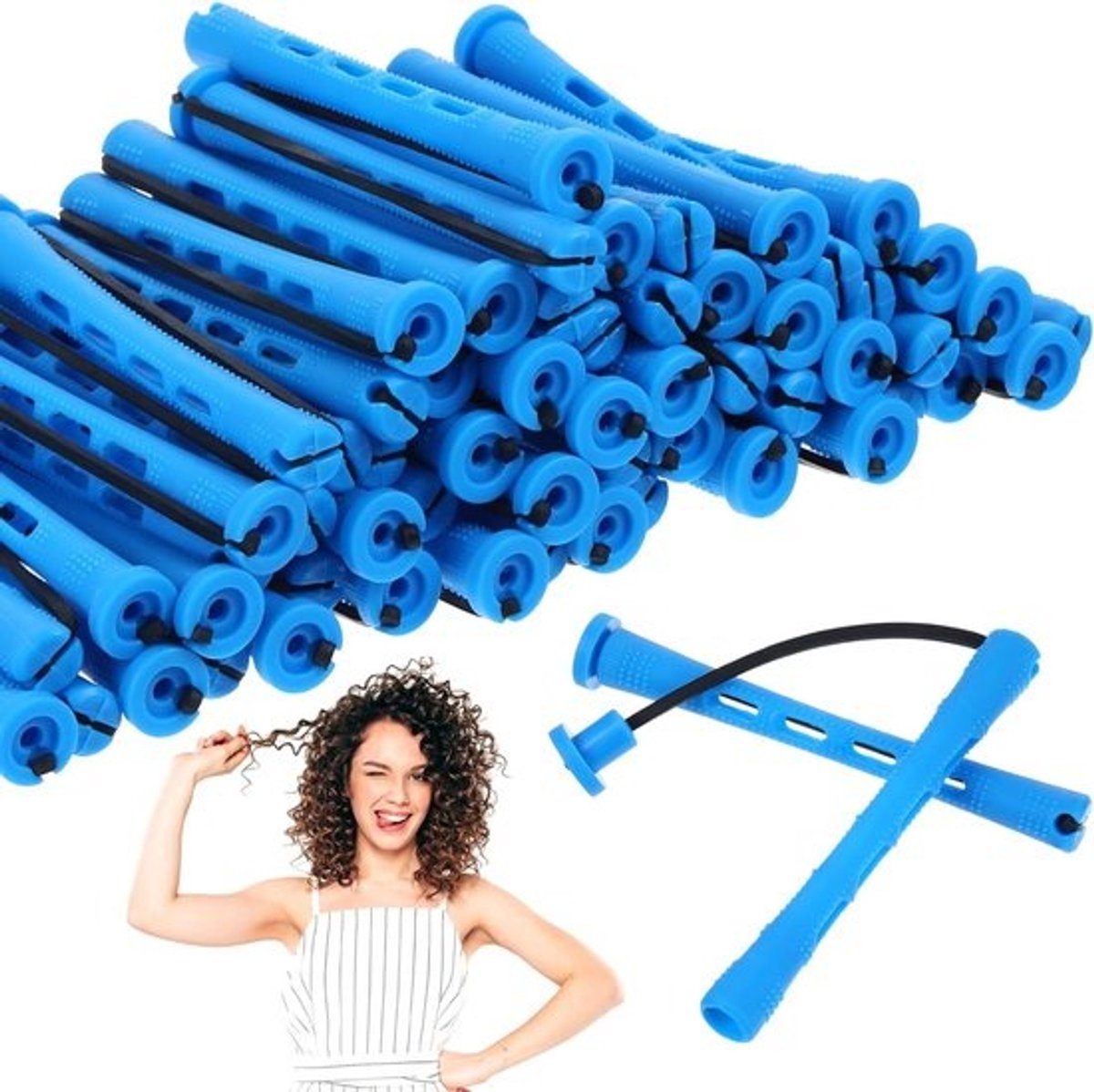 60 Stuks Korte Haar Permanente Staven - Eatless Krulstaaf - Kleine Flexibele Rol - Permanente Roller - Plastic Blauwe Haarrollers voor Vrouwen - DIY Haar Kruller - Haarstyling Gereedschappen