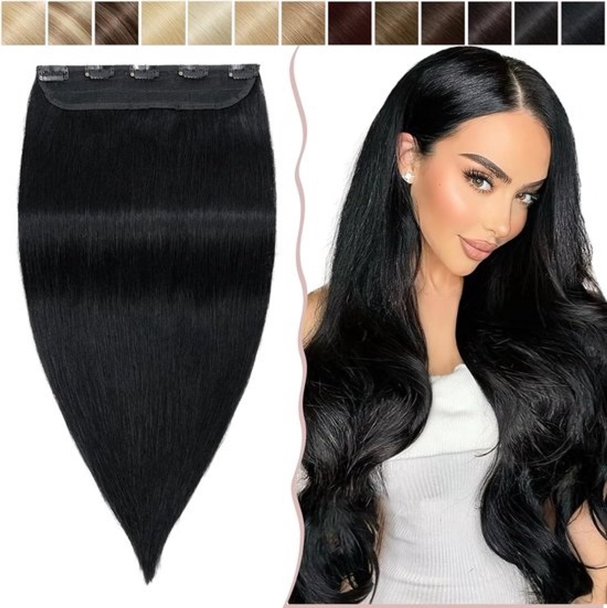 Clip-in Haarextensions van 18 inch in Remy Menselijk Haar - Dikke en Natuurlijke Haarstukken voor Vrouwen met 5 Clips (90g, #1 Jet Black) - Perfect voor Volumineuze en Steile Haarlooks