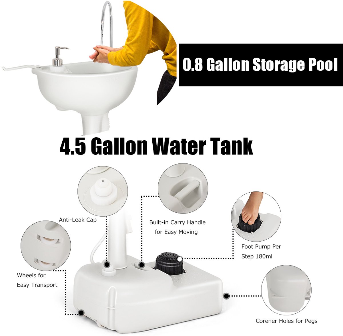 SureDeal® - Kamper - Campingwastafel - Liter Watertank - Voetpomp - Handdoekhouder Mobiel Wasstation - Tuin - 51x33x102 cm - Grijs