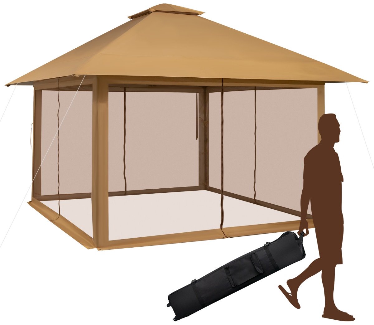 SureDeal® - Luifel - Paviljoen Tuinpaviljoen - Zijwanden Gaas Bescherming - Draagtas - Wieltjes - 400x400x245 cm - Koffiebruin