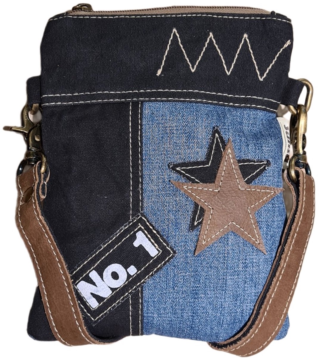 Sunsa-Tas-Denim-Canvas-Leer-gerecyclede jeans-dames-Stars-heren-Retro-Vintage-Streetwear-18 x 23 x 2 cm-Black/Denim
