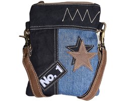 Sunsa-Tas-Denim-Canvas-Leer-gerecyclede jeans-dames-Stars-heren-Retro-Vintage-Streetwear-18 x 23 x 2 cm-Black/Denim