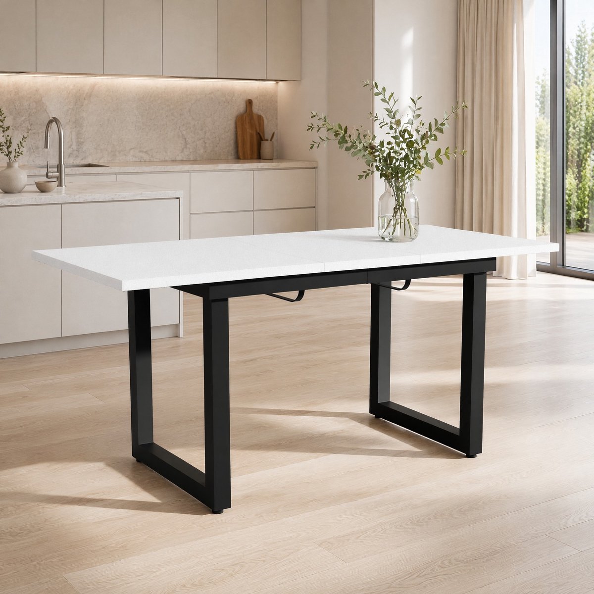 Wishdor Eettafel - Uitschuifbaar en rechthoekig - Stalen frame - Industrieel - Eetkamer voor dagelijks dineren en etentjes - MDF en metaal - Wit en zwart - 140/180 x 80 x 75 cm