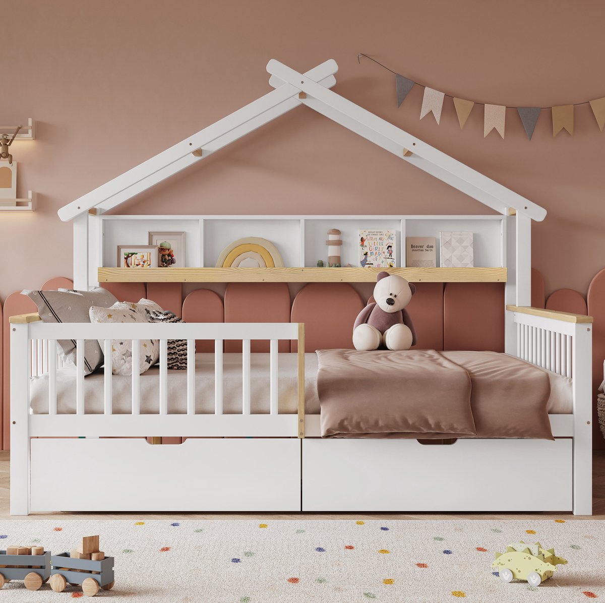 Wishdor Kinderbed 140x200 cm - Met dakframe en valbeveiliging - Met 2 opberglades op wielen en lattenbodem - Huisbed voor kinderkamer - Hout en MDF - Wit en naturel