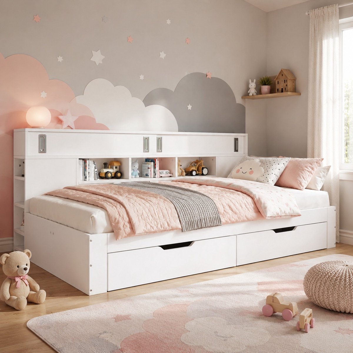 Wishdor Bedbank 140x200 cm - Met opbergruimte en 2 lades - Met schuifdeurkast en verstelbare wandplanken - Voor slaapkamer logeerkamer studio - MDF - Wit