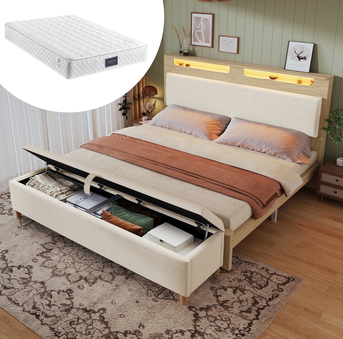 Wishdor Tweepersoonsbed 140x200 cm - Ledverlichting en opbergruimte - Met bedbank - Houtlook en stof - Beige - 253 x 145 x 110 cm
