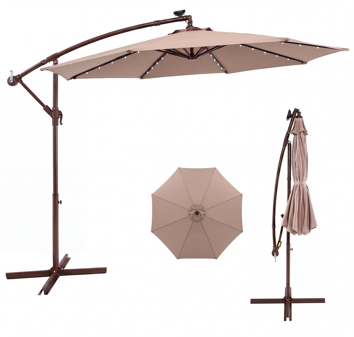 SureDeal® - Parasol - Grote Verplaatsbare - Lampen - Zonnepanelen Marktparasol Verlichte - Tuin Grijs - Donkerblauw - 99x99 cm - Koffiebruin