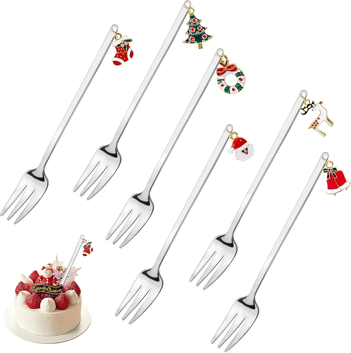 Stainless Steel Dessert Forks met Kersthangertjes, Set van 6 met Cadeauverpakking voor Feestdagen