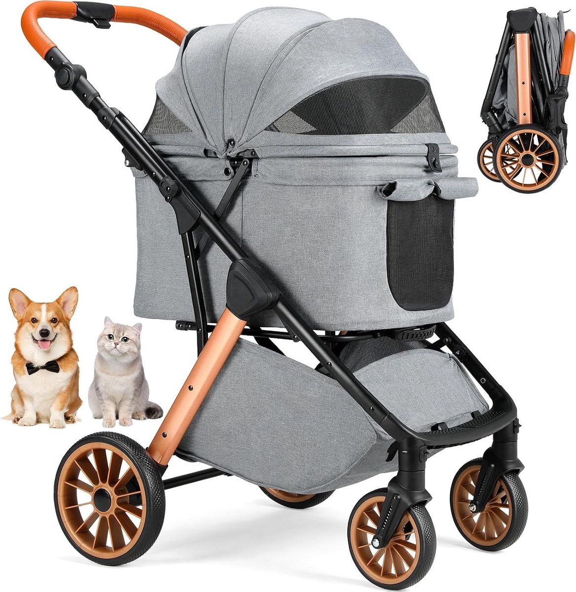 Hondenbuggy - Dierenwagen - Comfortabel Reizen - Met één hand inklapbaar - Tot 25 kg - Donkergrijs