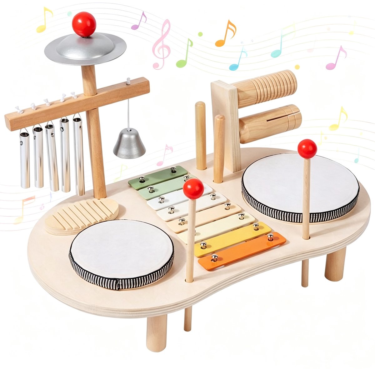 Muzikale percussie-instrumenten voor kinderen - Houten educatief speelgoed geschikt voor peuters van 1-3 jaar - 9-in-1 babydrumstel - Montessori educatief muzikaal speelgoed
