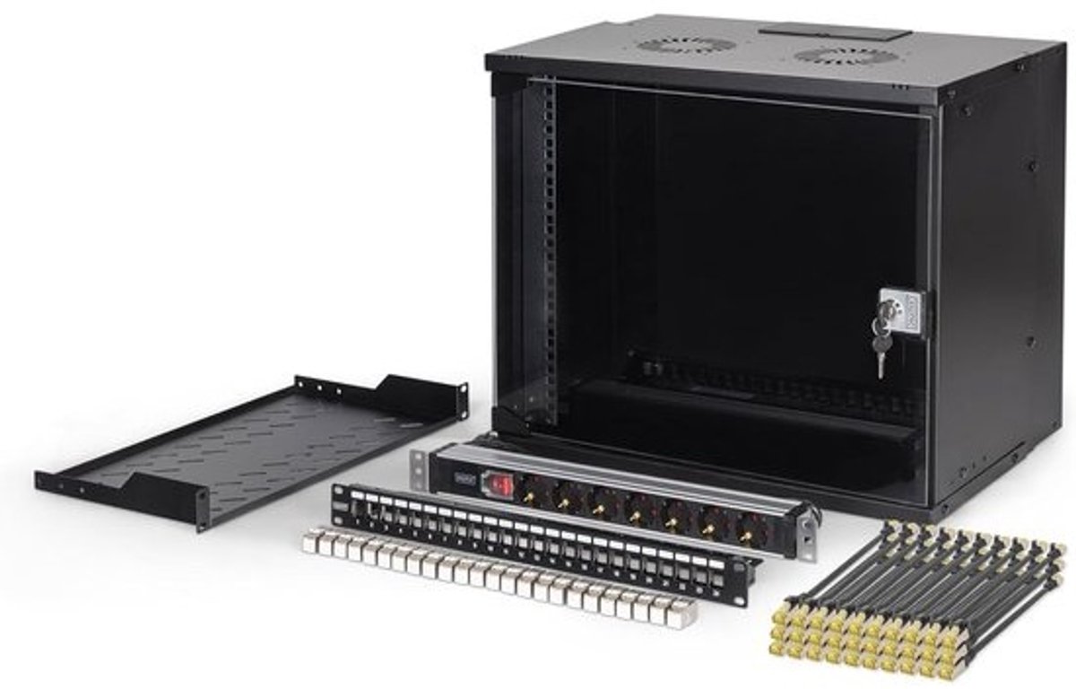 Netwerkset Wandkast - Serverkast Set - Netwerk Installatie - Niet Gemonteerd - 19 Inch 9U - Zwart