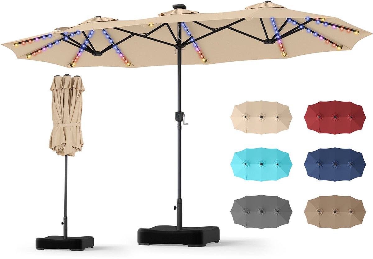 SureDeal® - Parasol - Dubbel - Slinger - Voet Terrasparasol - LED lampjes - 370x200x230 cm - Beige