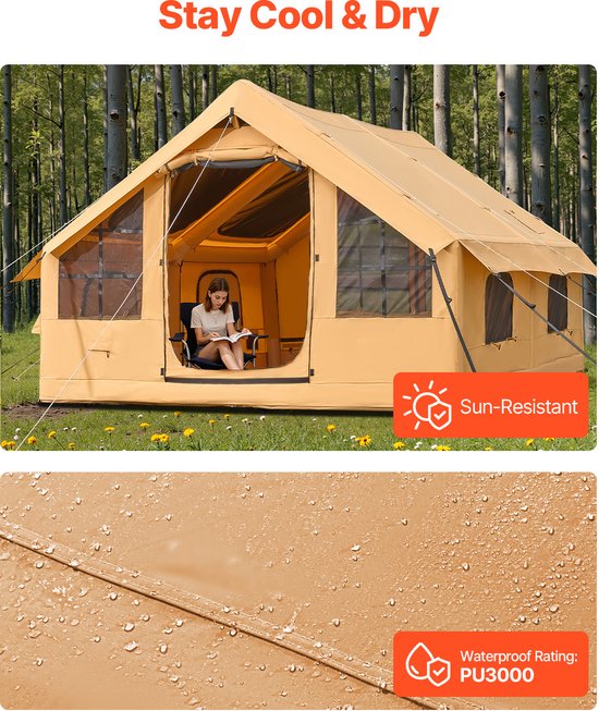 Opblaasbare Campingtent voor 5-8 Personen, Inclusief Handpomp, 4x3x2,2 m Glampingtent met Dakramen, Luifel, Kooktoestelaansluiting, 2 Deuren, Gaasramen en Draagtas — afbeelding 5