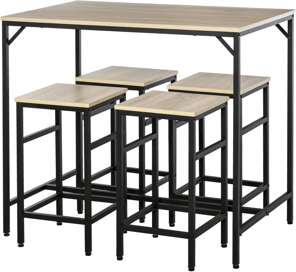 Set van bartafel en 4 barkrukken, hoog meubelstuk met tafel 100x60x88 cm en barkrukken 32x32x57 cm, zwart en eikenhout