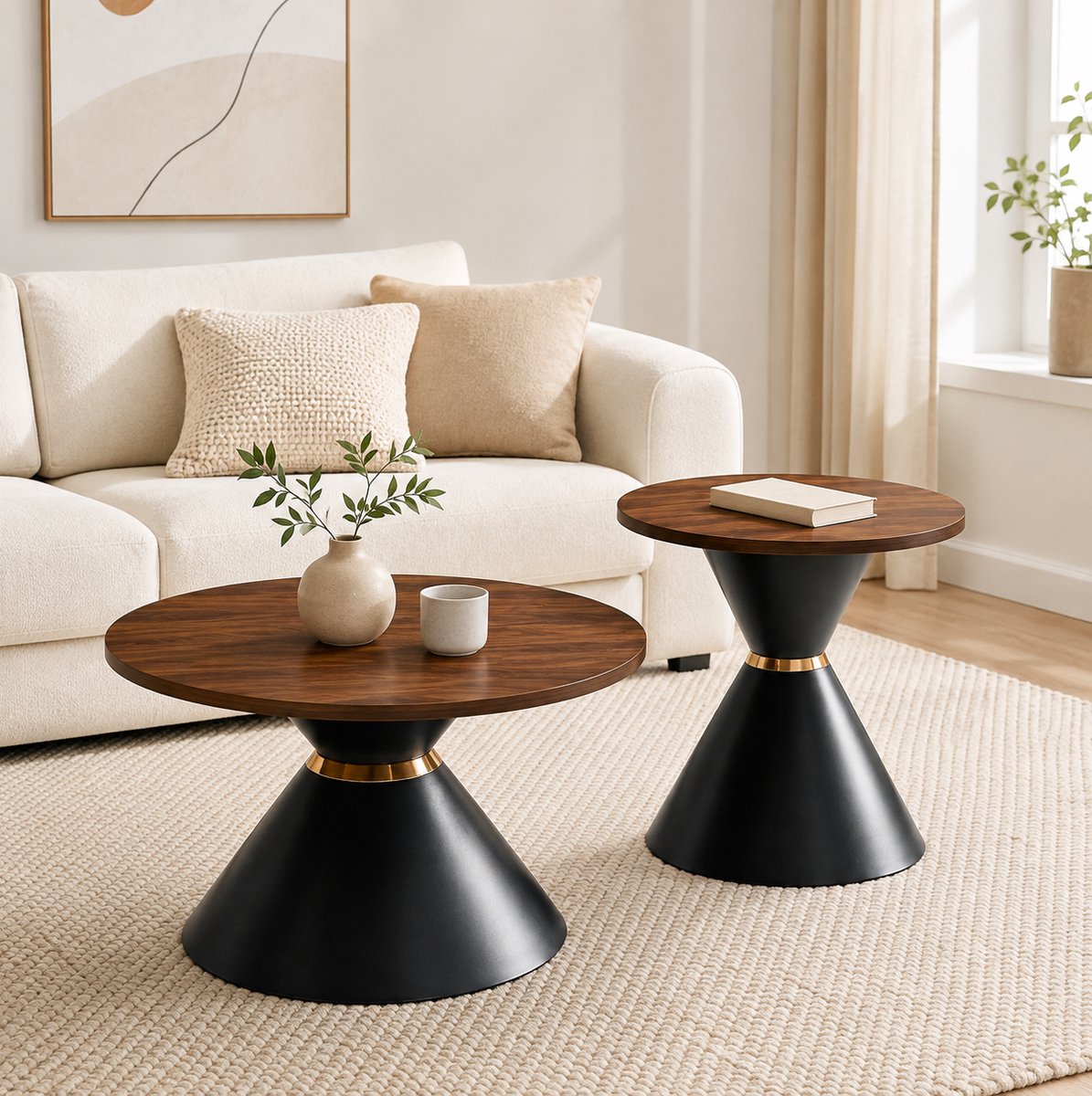 MODFU - Salontafel Set Van 2 - Rond - Modern - Walnootlook - Zwart Metaal - Goud Accent